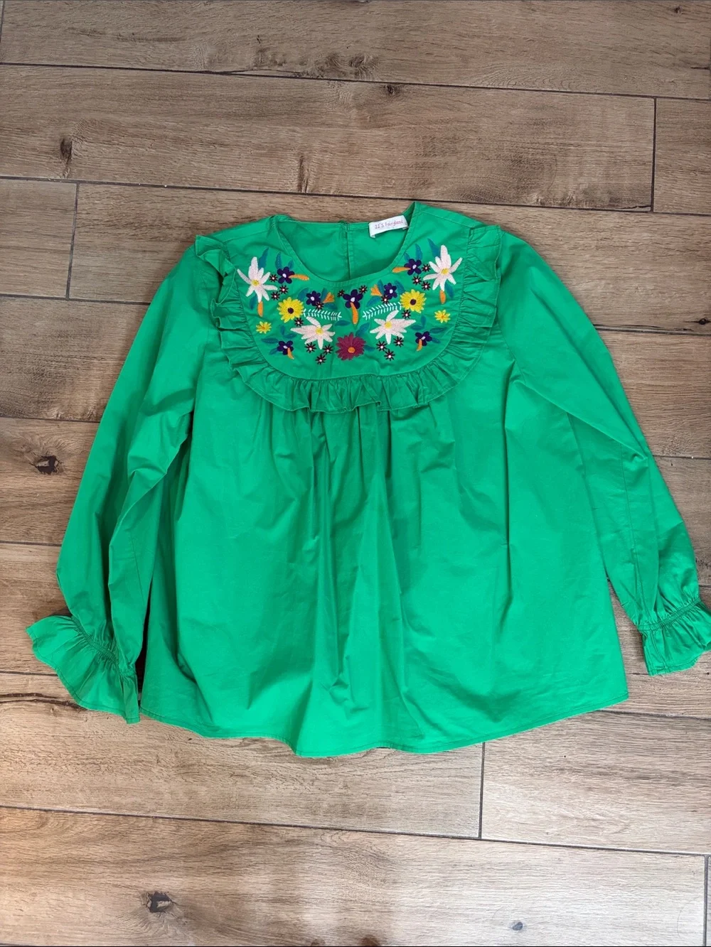 Embroidered Ruffle Yoke Blouse - Green - Picture 1 of 3